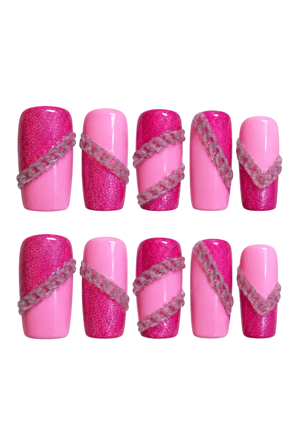 CHAIN KISS handmade fuchsia and pink press-on nails with raised chain accents - set view 2