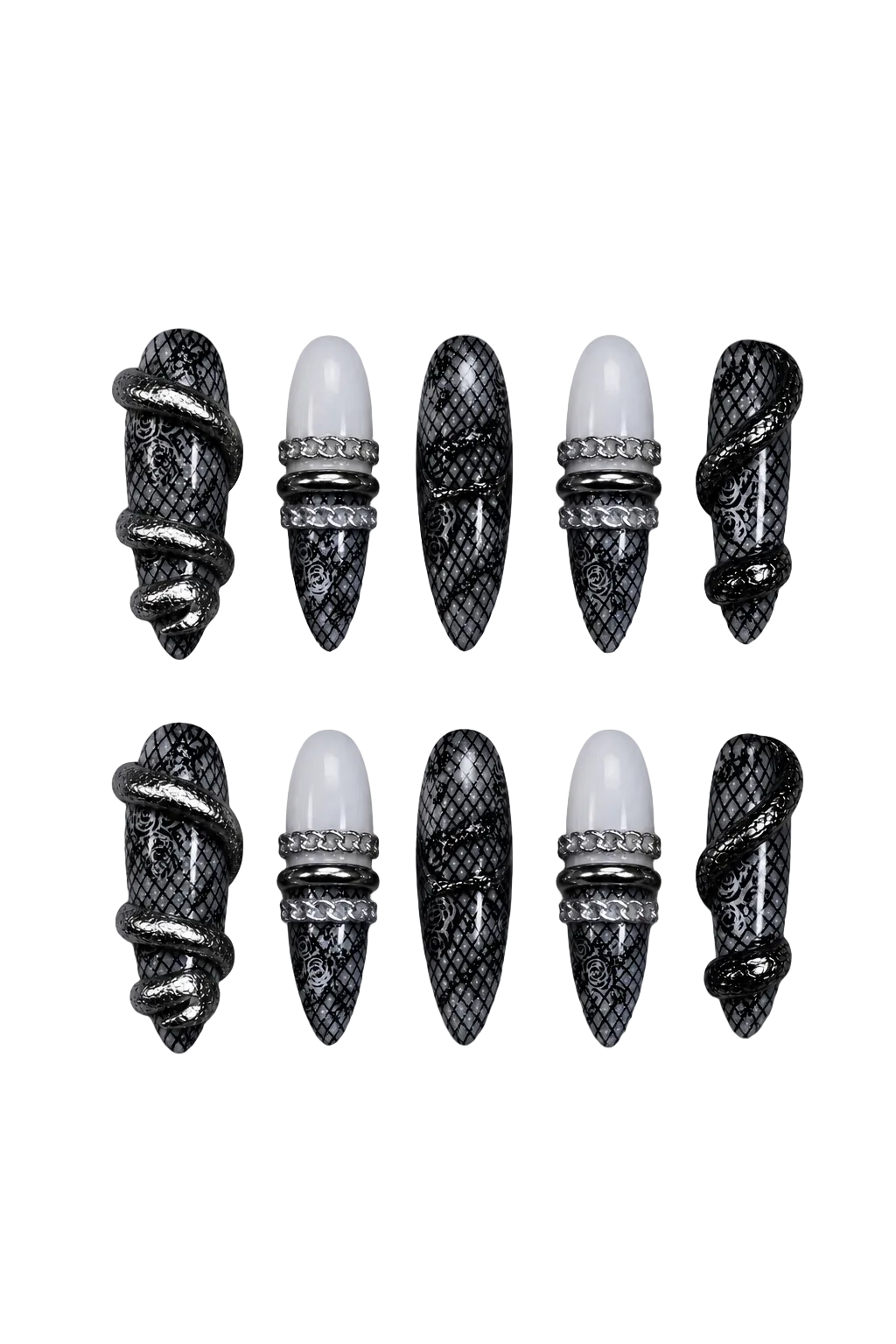 VENOM LACE luxury gothic press-on nails with snake, chain and lace accents - set view 9