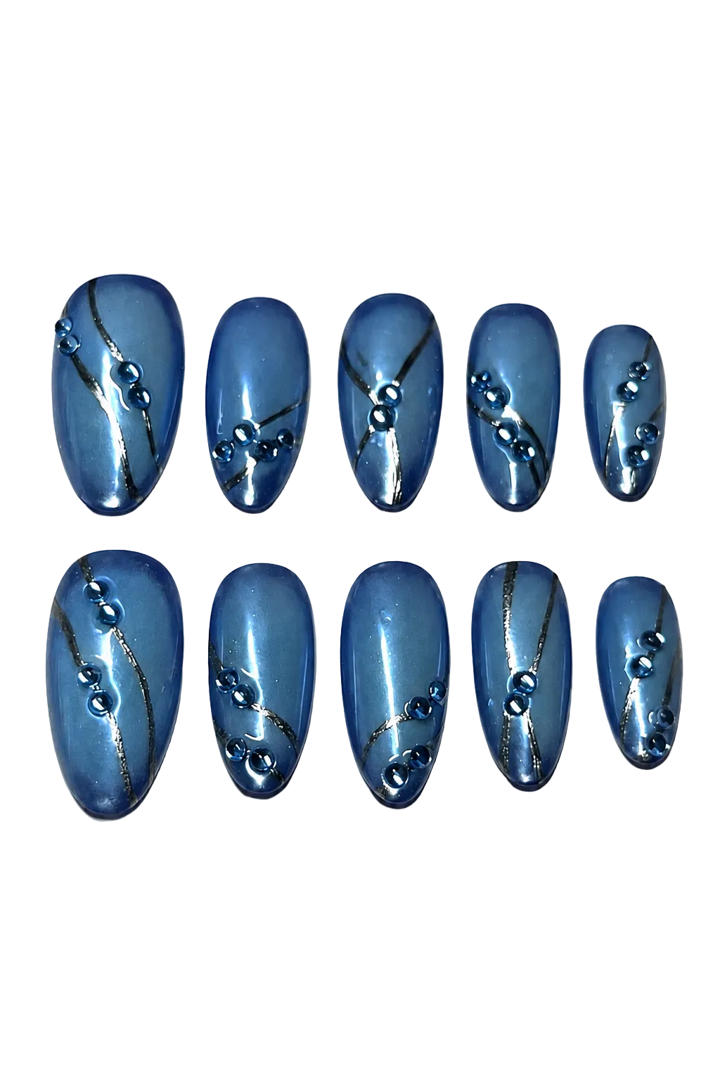 COBALT WAVE - cobalt blue chrome nails with black flowing lines and 3D cobalt bead accents, product image 2 of 8