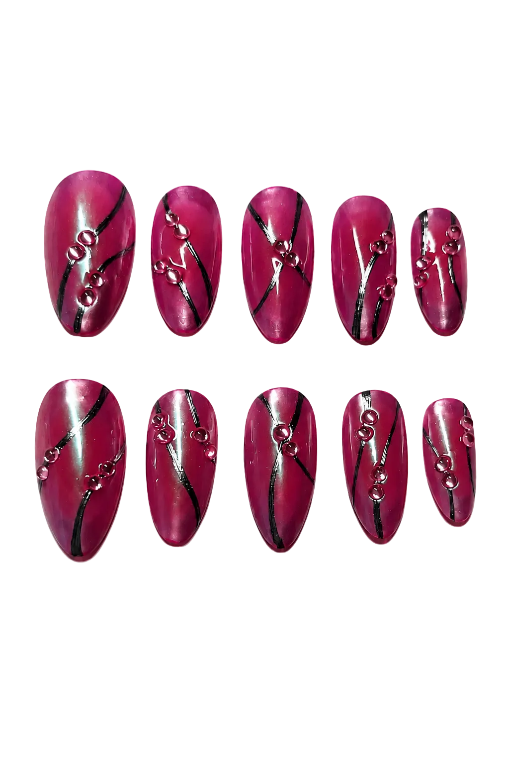 MAGENTA PULSE - magenta chrome nails with black flowing lines and 3D magenta bead accents, product image 2 of 9