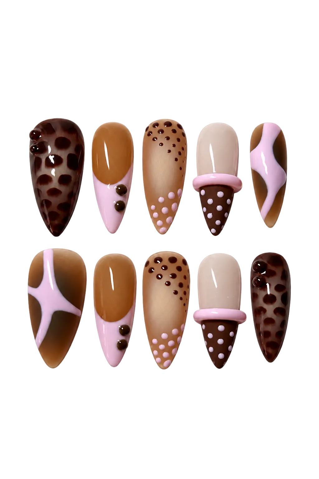 Cocoa Blush press-on nail set with a glossy cocoa and blush manicure by Noria Nails