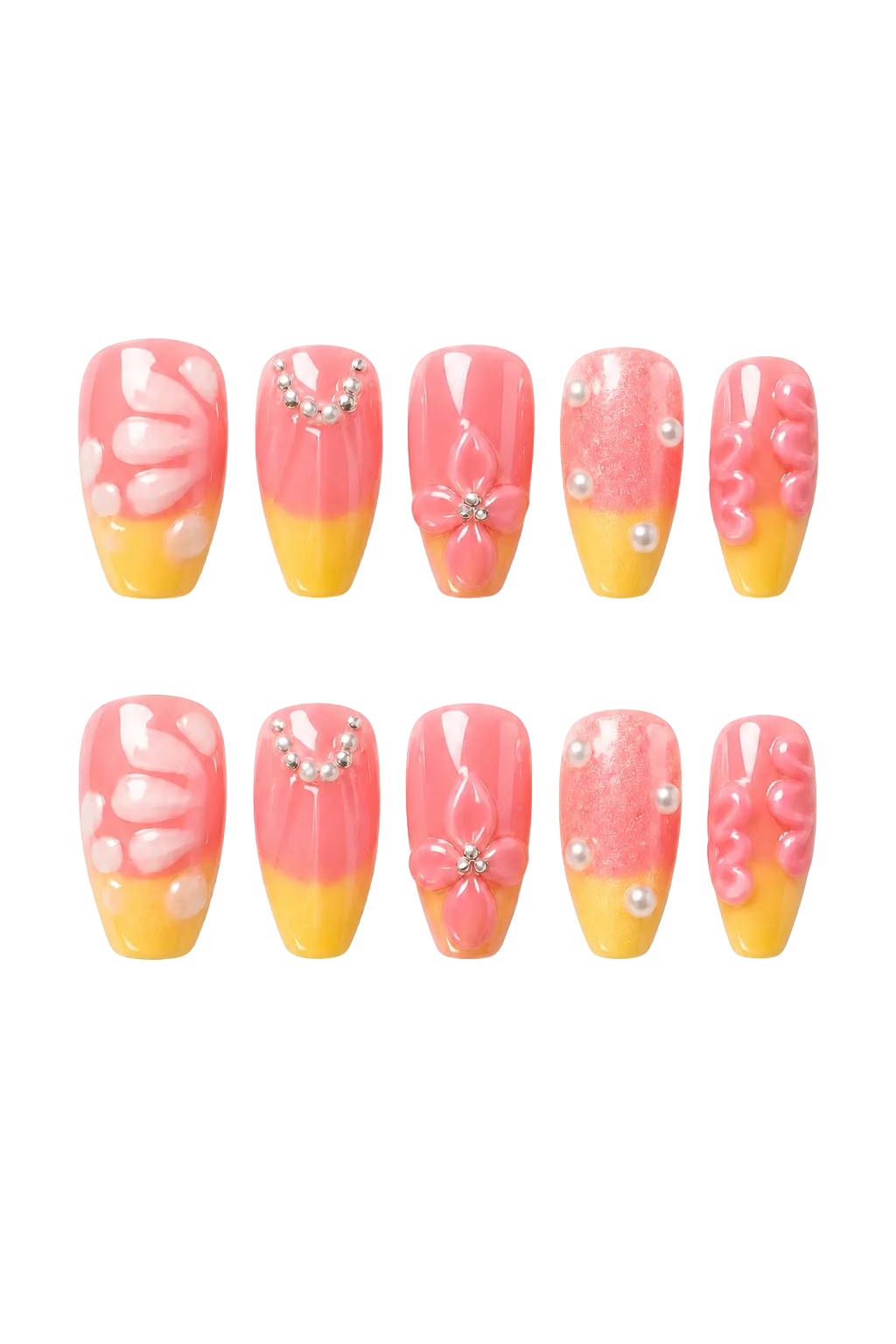 Sunset Bloom 3D floral reusable press-on nails with flower design