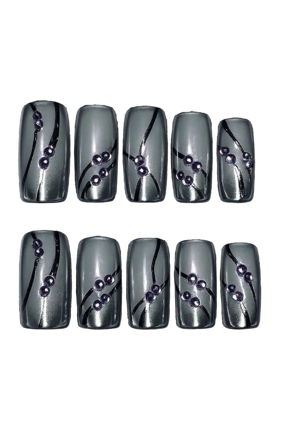 SMOKE WAVE - smoky silver gray chrome nails with black flowing lines and violet 3D bead accents, product image 8 of 8