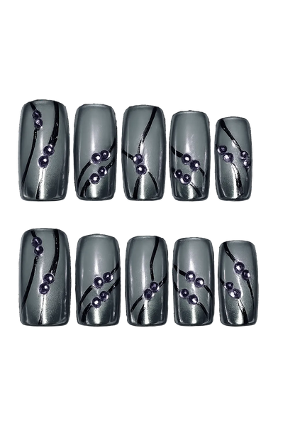 SMOKE WAVE - smoky silver gray chrome nails with black flowing lines and violet 3D bead accents, product image 8 of 8