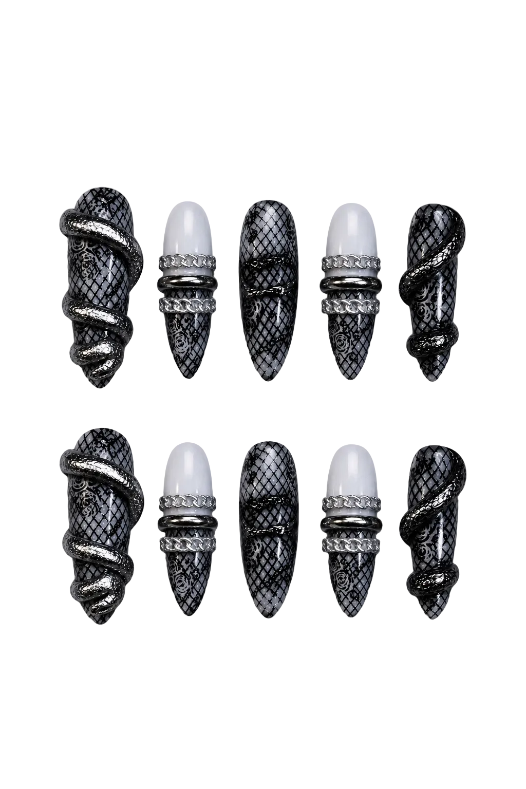 VENOM LACE handmade black and silver nail set with fishnet pattern - set view 8