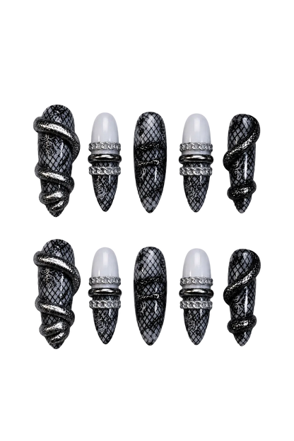 VENOM LACE handmade black and silver nail set with fishnet pattern - set view 8