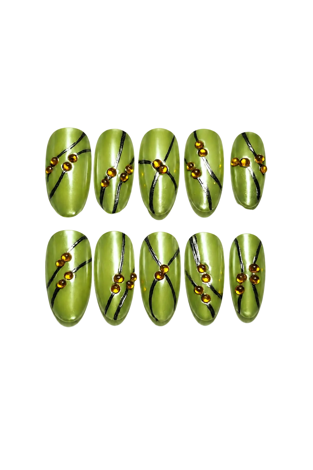 SOLAR PULSE - lime green chrome nails with black flowing lines and amber 3D bead accents, product image 8 of 9