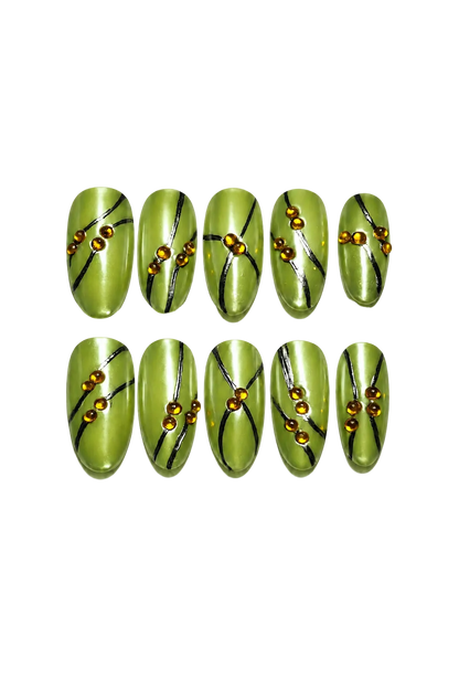 SOLAR PULSE - lime green chrome nails with black flowing lines and amber 3D bead accents, product image 8 of 9