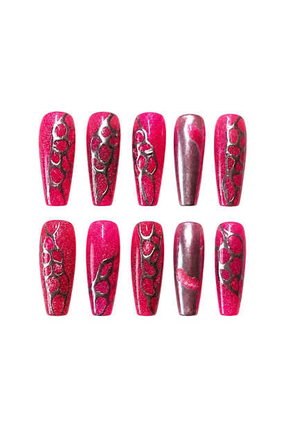 Raspberry Lava vibrant dark red shimmer handmade reusable press-on nails