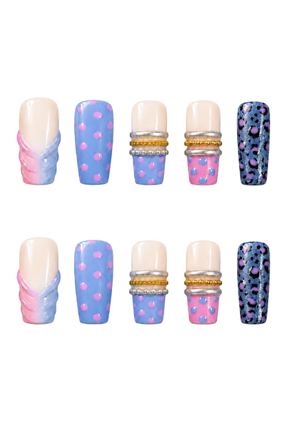 Blue Doll Leopard electric blue and animal print handmade reusable press-on nails