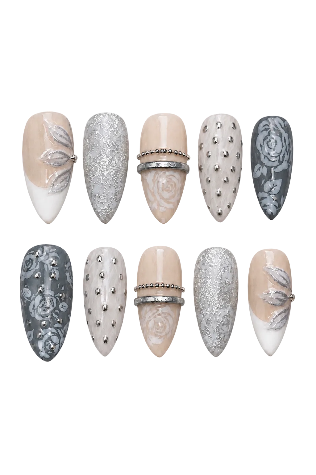 Silver Bloom Garden handmade gel press-on nails with silver floral design