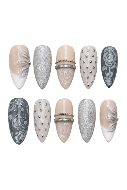 Silver Bloom Garden handmade gel press-on nails with silver floral design