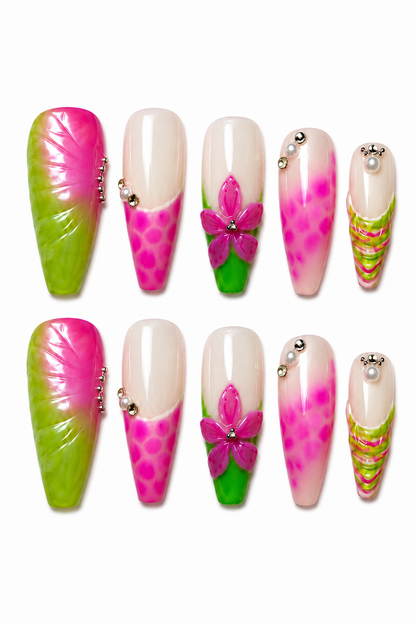 Tropical Bloom colorful floral reusable press-on nails