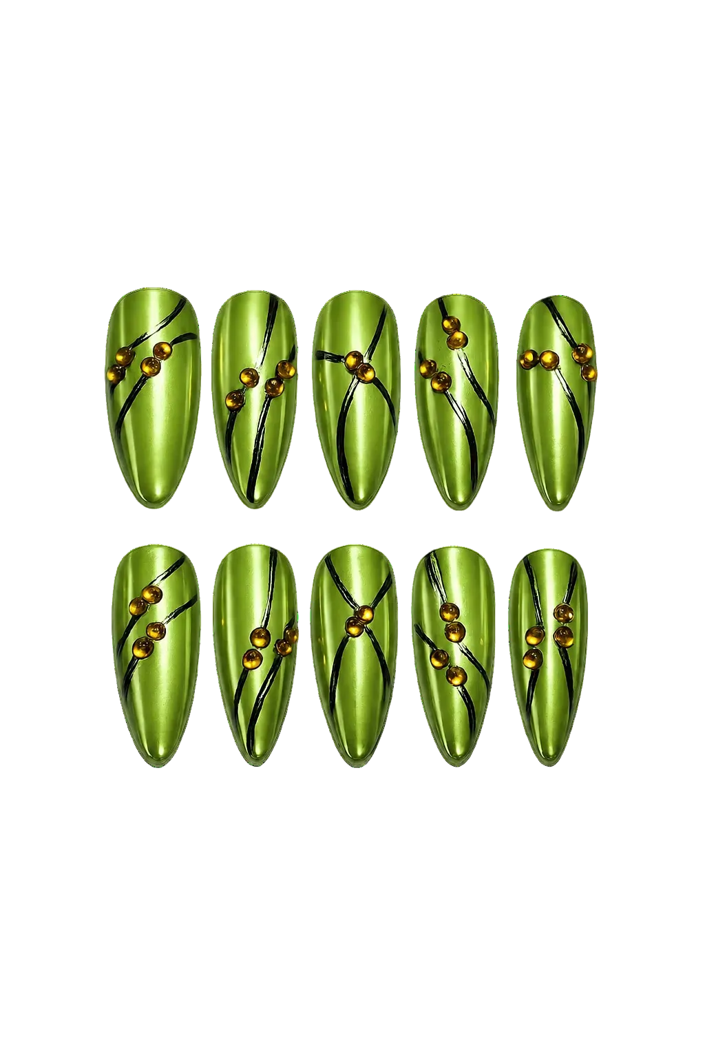 SOLAR PULSE - lime green chrome nails with black flowing lines and amber 3D bead accents, product image 4 of 9