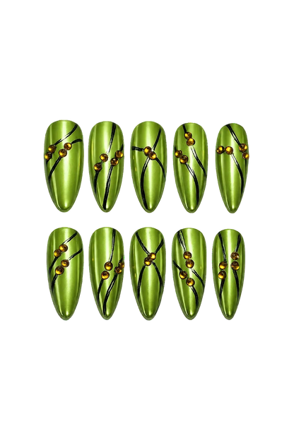 SOLAR PULSE - lime green chrome nails with black flowing lines and amber 3D bead accents, product image 4 of 9