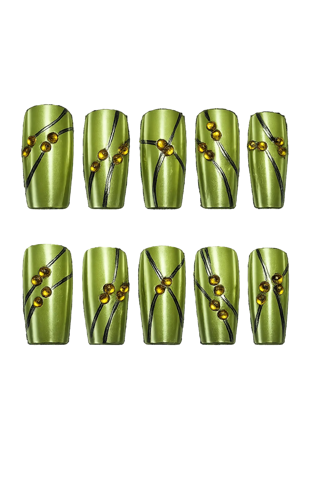 SOLAR PULSE - lime green chrome nails with black flowing lines and amber 3D bead accents, product image 2 of 9