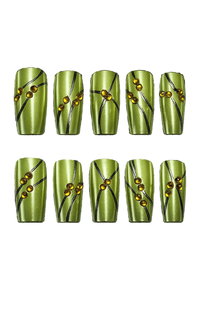 SOLAR PULSE - lime green chrome nails with black flowing lines and amber 3D bead accents, product image 2 of 9