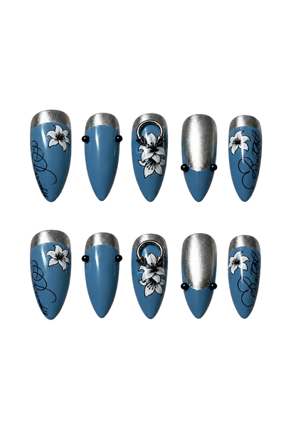 STEEL LILY steel blue floral design reusable gel press-on nails - image 3 of 9