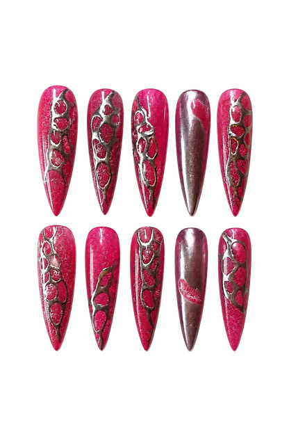 Raspberry Lava vibrant dark red shimmer handmade reusable press-on nails