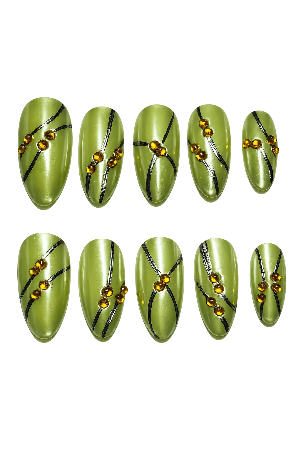 SOLAR PULSE - lime green chrome nails with black flowing lines and amber 3D bead accents, product image 1 of 9