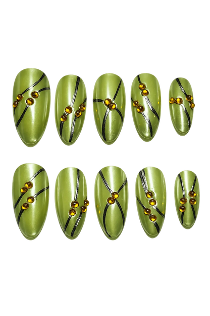SOLAR PULSE - lime green chrome nails with black flowing lines and amber 3D bead accents, product image 1 of 9