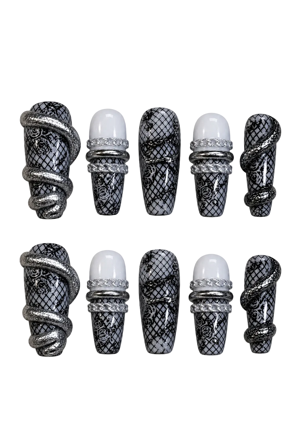VENOM LACE handmade silver press-on nails with black fishnet lace and roses - set view 2