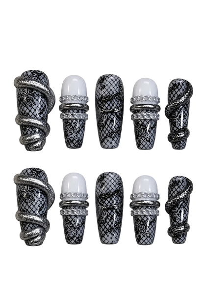 VENOM LACE handmade silver press-on nails with black fishnet lace and roses - set view 2