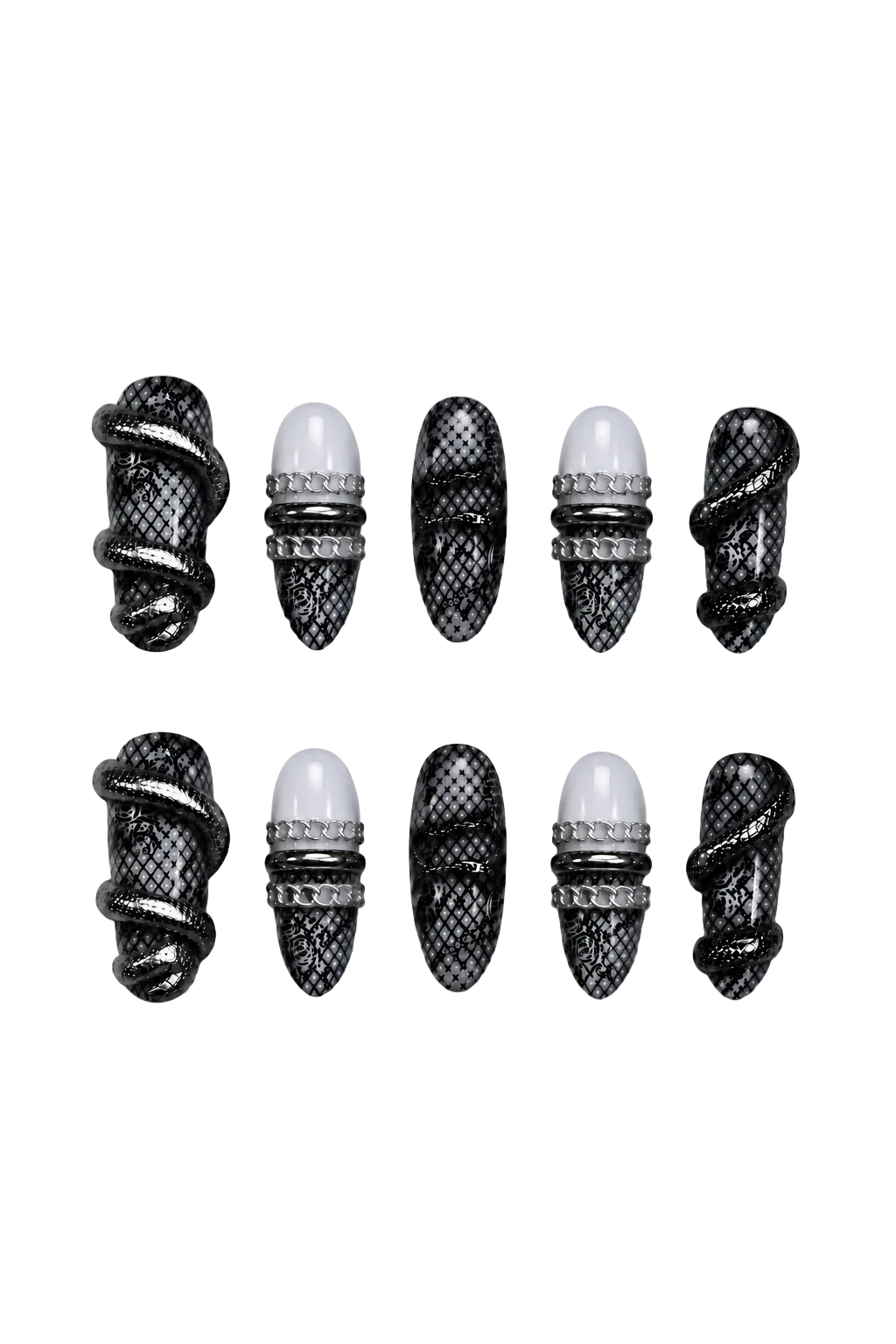 VENOM LACE gothic silver press-on nail design with dimensional chain art - set view 7