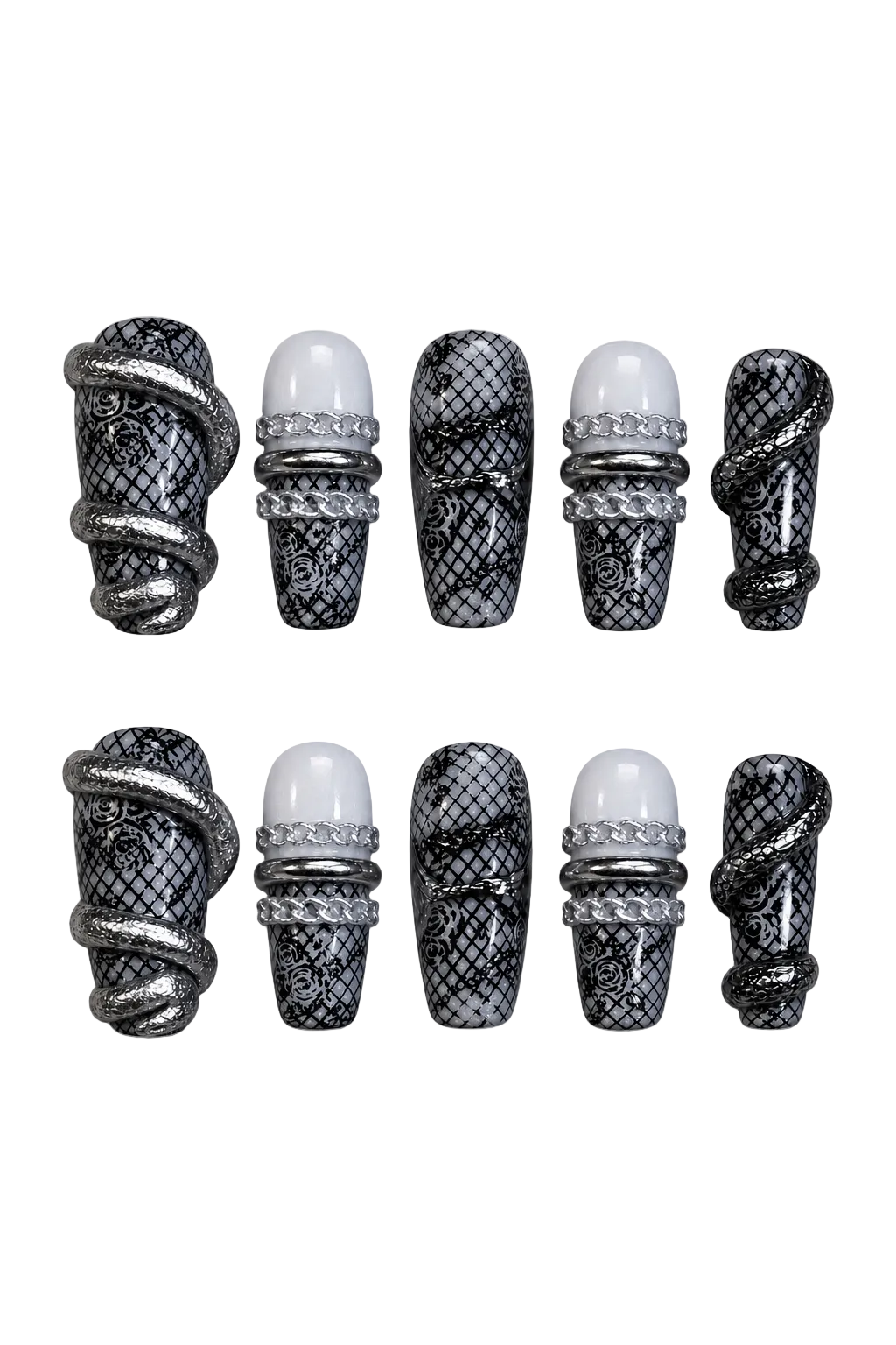VENOM LACE gothic nail set with sculpted silver serpent and chain accents - set view 3