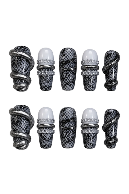 VENOM LACE gothic nail set with sculpted silver serpent and chain accents - set view 3