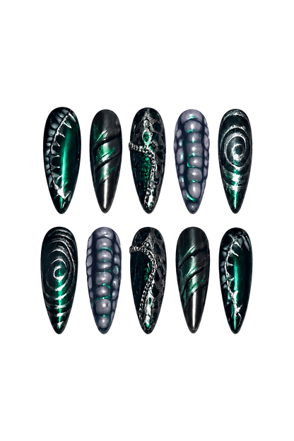 Obsidian Reef gothic midnight black shimmer handmade reusable press-on nails