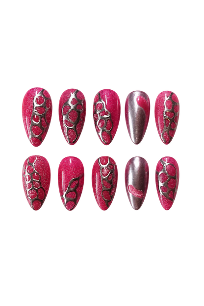 Raspberry Lava vibrant dark red shimmer handmade reusable press-on nails