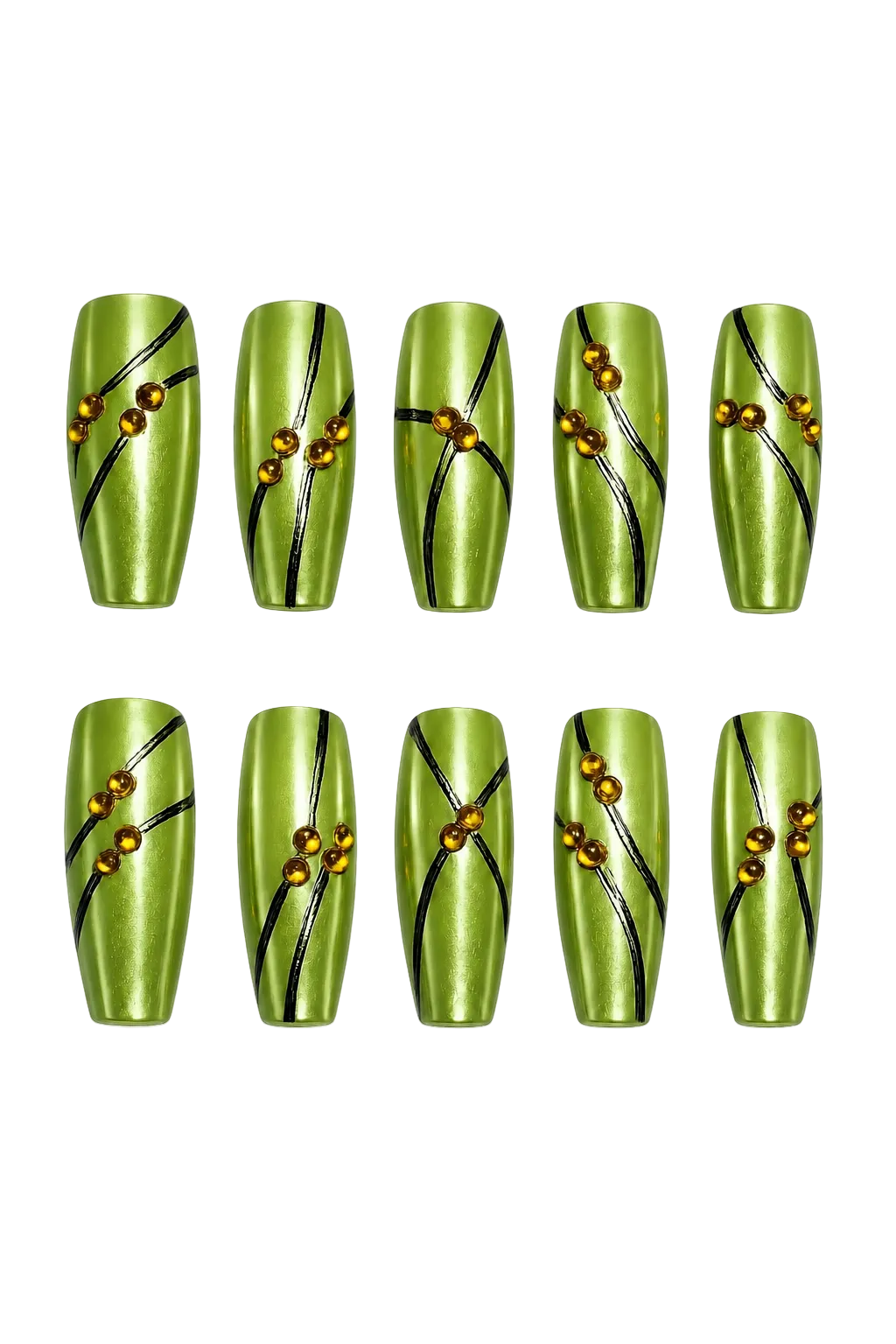 SOLAR PULSE - lime green chrome nails with black flowing lines and amber 3D bead accents, product image 7 of 9