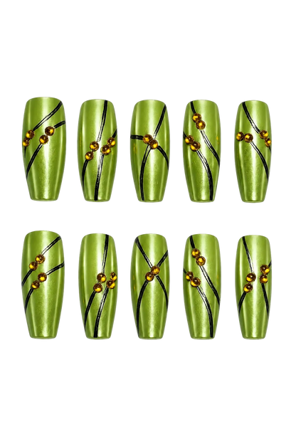 SOLAR PULSE - lime green chrome nails with black flowing lines and amber 3D bead accents, product image 7 of 9