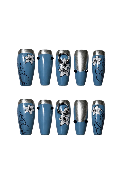 STEEL LILY steel blue floral design reusable gel press-on nails - image 7 of 9