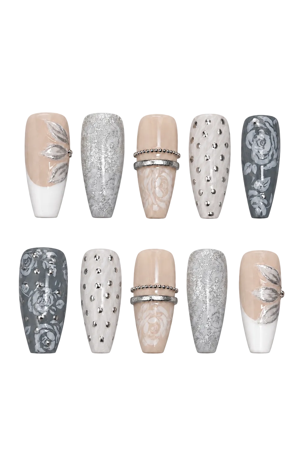 Silver Bloom Garden handmade gel press-on nails with silver floral design