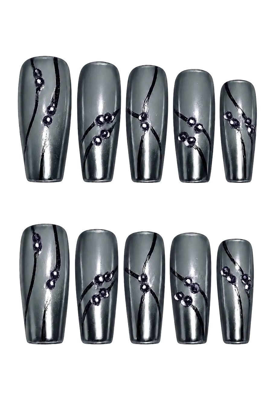 SMOKE WAVE - smoky silver gray chrome nails with black flowing lines and violet 3D bead accents, product image 7 of 8
