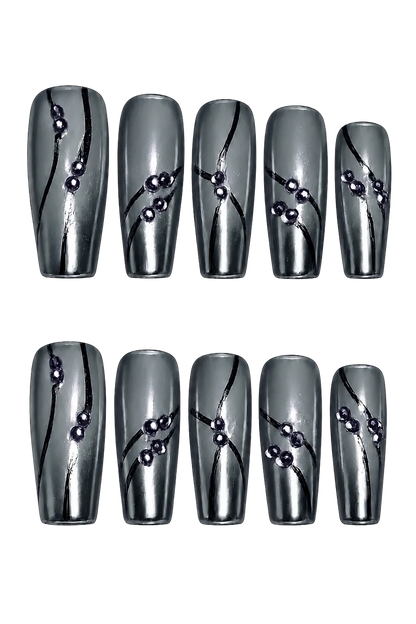 SMOKE WAVE - smoky silver gray chrome nails with black flowing lines and violet 3D bead accents, product image 7 of 8