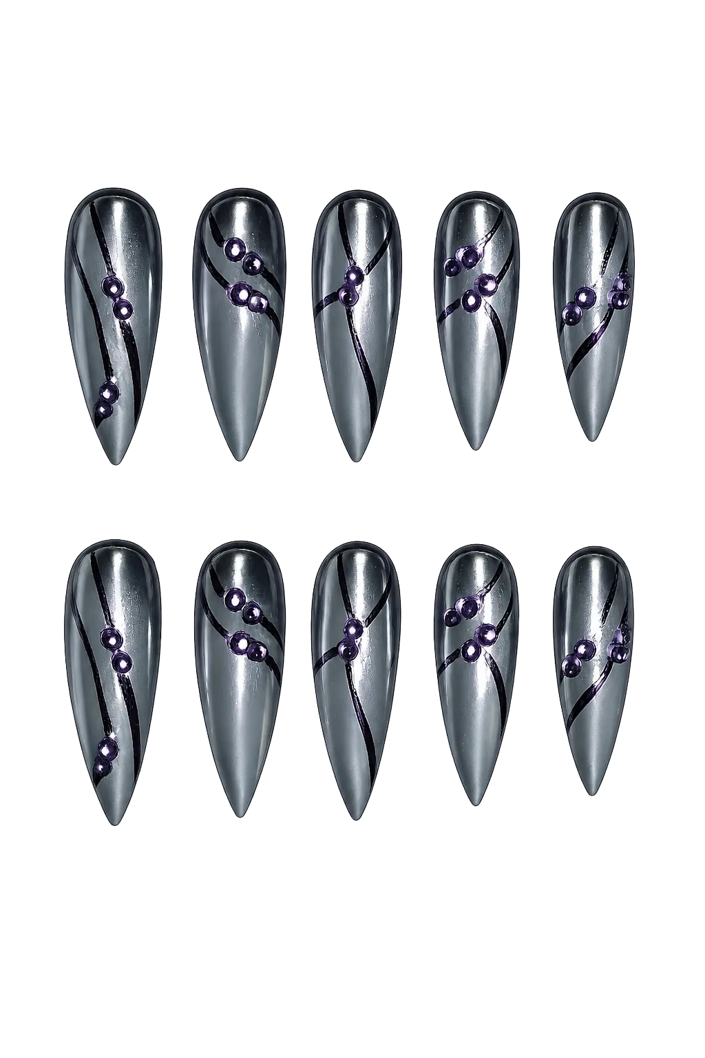 SMOKE WAVE - smoky silver gray chrome nails with black flowing lines and violet 3D bead accents, product image 3 of 8