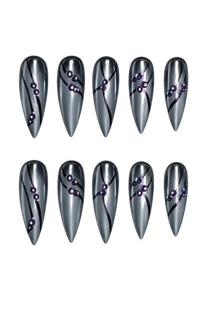 SMOKE WAVE - smoky silver gray chrome nails with black flowing lines and violet 3D bead accents, product image 3 of 8