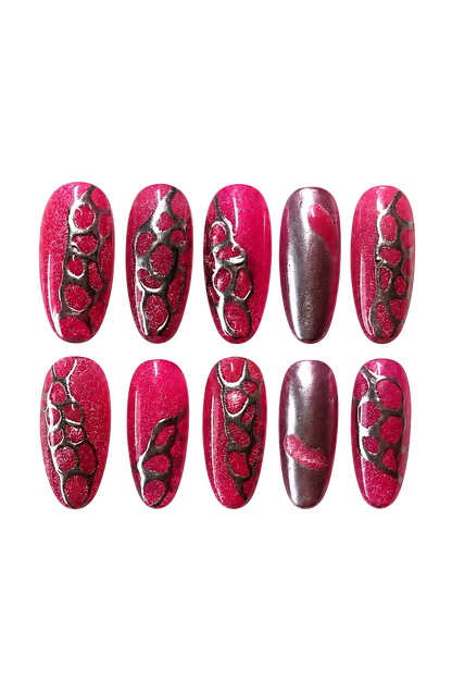 Raspberry Lava vibrant dark red shimmer handmade reusable press-on nails