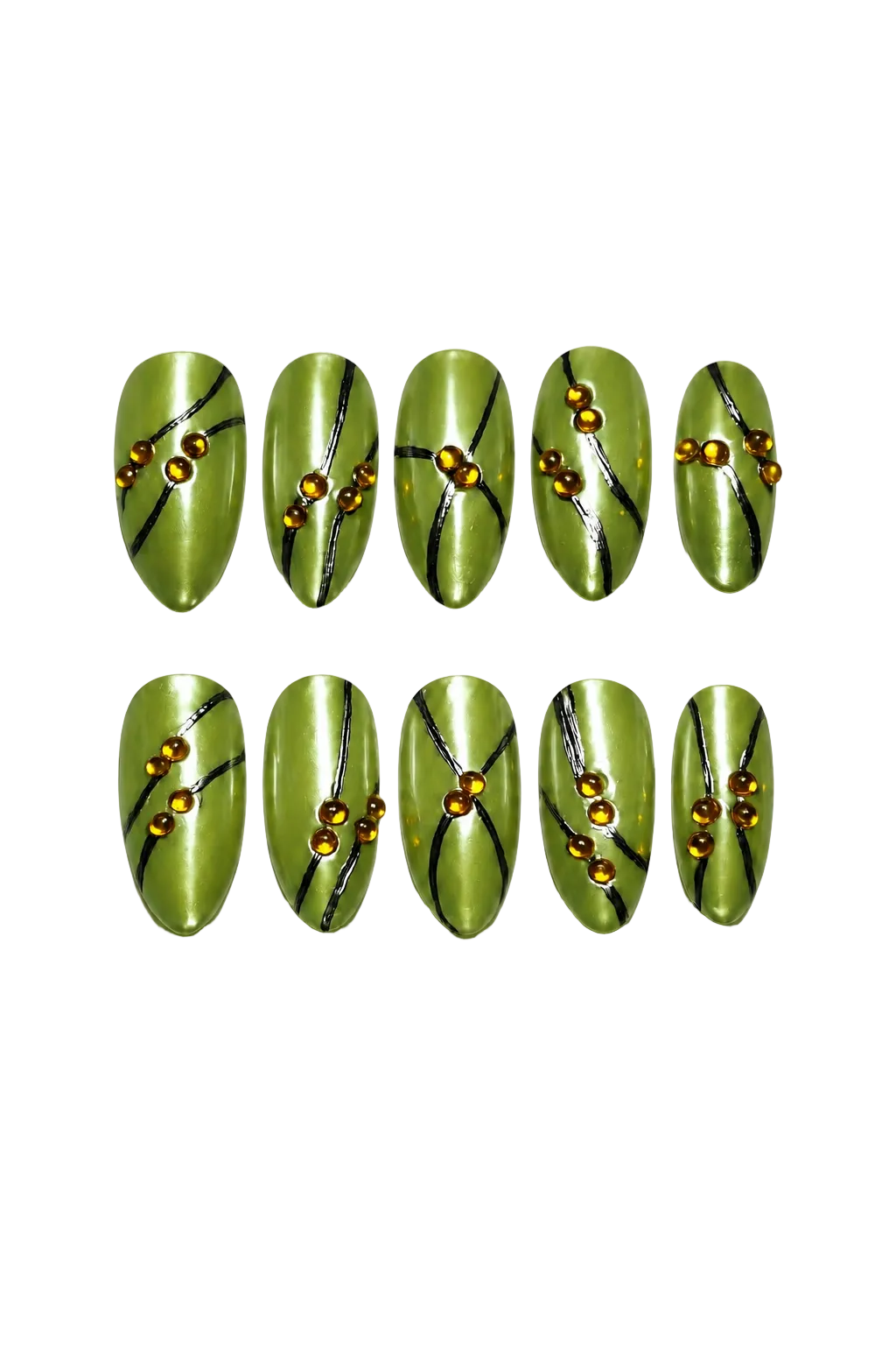 SOLAR PULSE - lime green chrome nails with black flowing lines and amber 3D bead accents, product image 9 of 9
