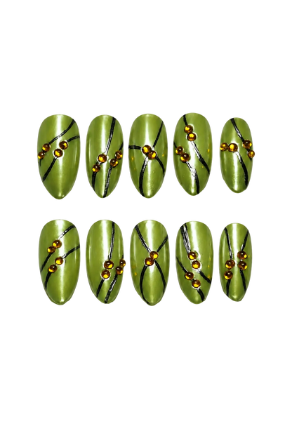 SOLAR PULSE - lime green chrome nails with black flowing lines and amber 3D bead accents, product image 9 of 9