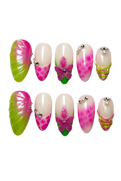 Tropical Bloom colorful floral reusable press-on nails