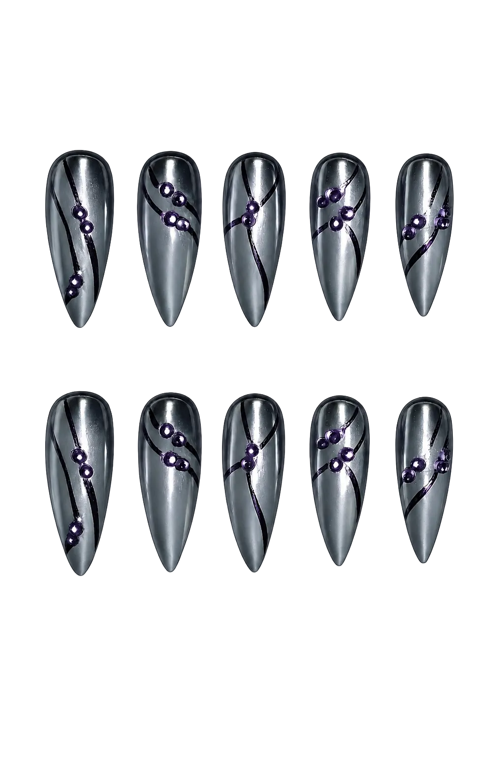 SMOKE WAVE - smoky silver gray chrome nails with black flowing lines and violet 3D bead accents, product image 4 of 8