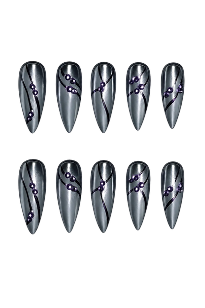 SMOKE WAVE - smoky silver gray chrome nails with black flowing lines and violet 3D bead accents, product image 4 of 8