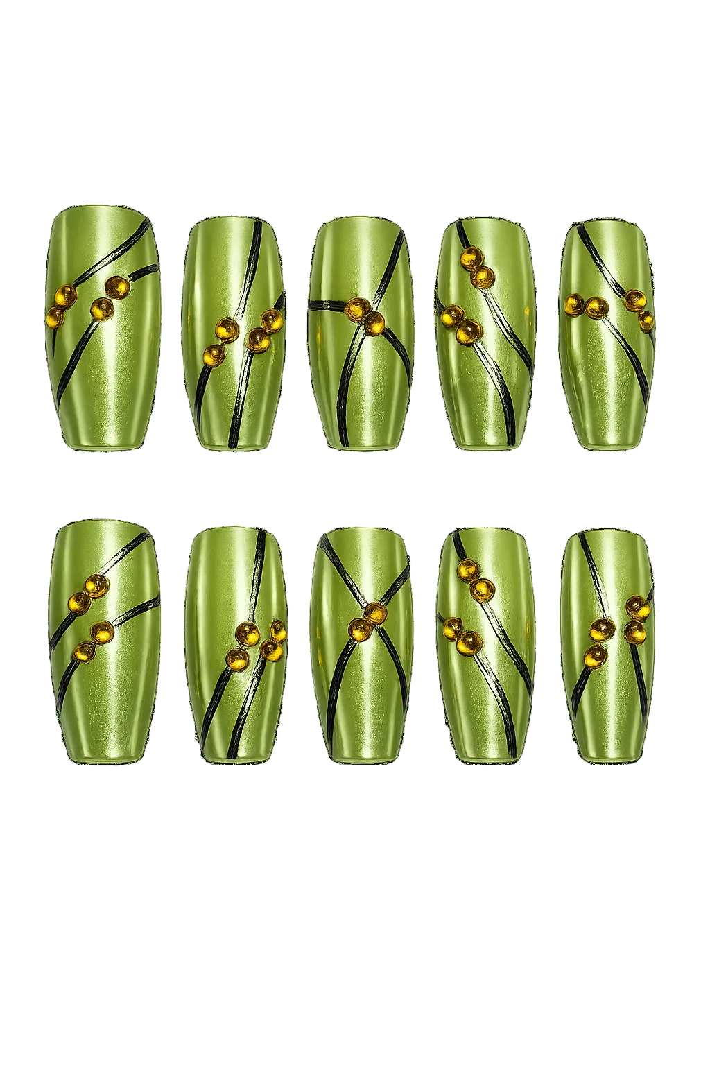 SOLAR PULSE - lime green chrome nails with black flowing lines and amber 3D bead accents, product image 5 of 9