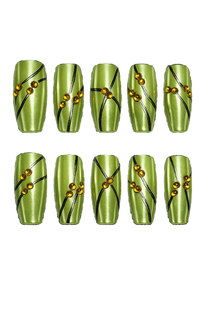 SOLAR PULSE - lime green chrome nails with black flowing lines and amber 3D bead accents, product image 5 of 9