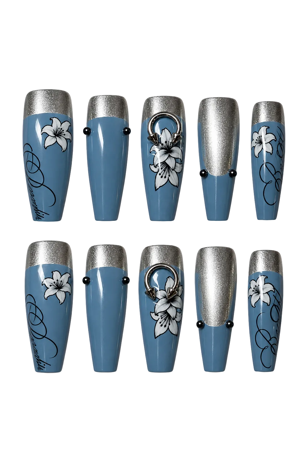 STEEL LILY steel blue floral design reusable gel press-on nails - image 5 of 9
