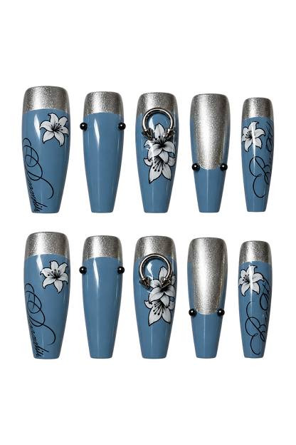 STEEL LILY steel blue floral design reusable gel press-on nails - image 5 of 9